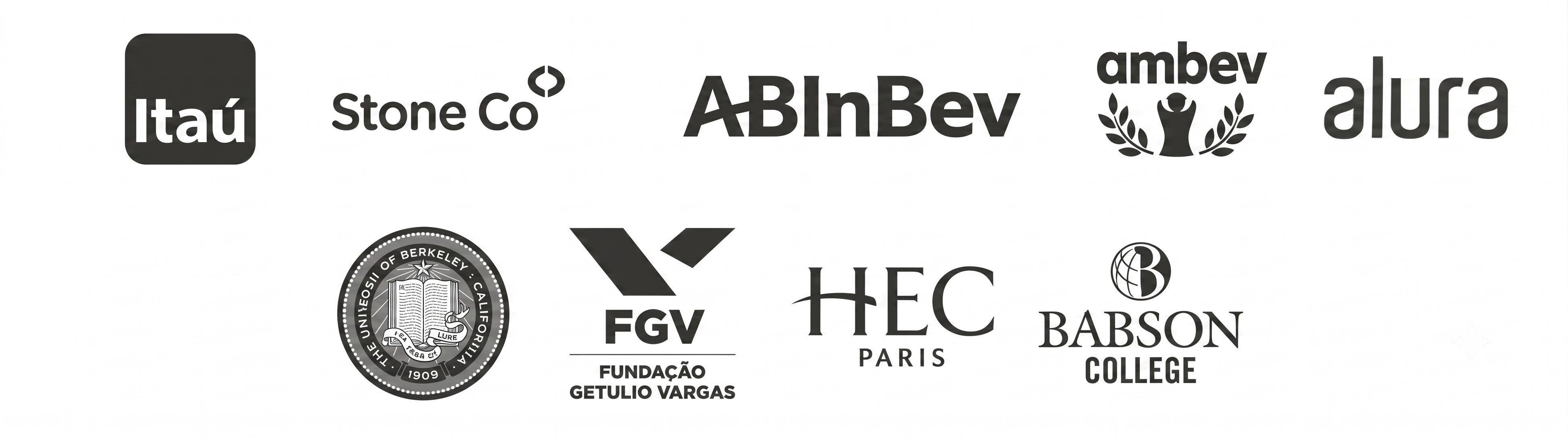 Itaú, Stone Co, ABInBev, Ambev, Alura, UC Berkeley, FGV, HEC Paris, Babson College